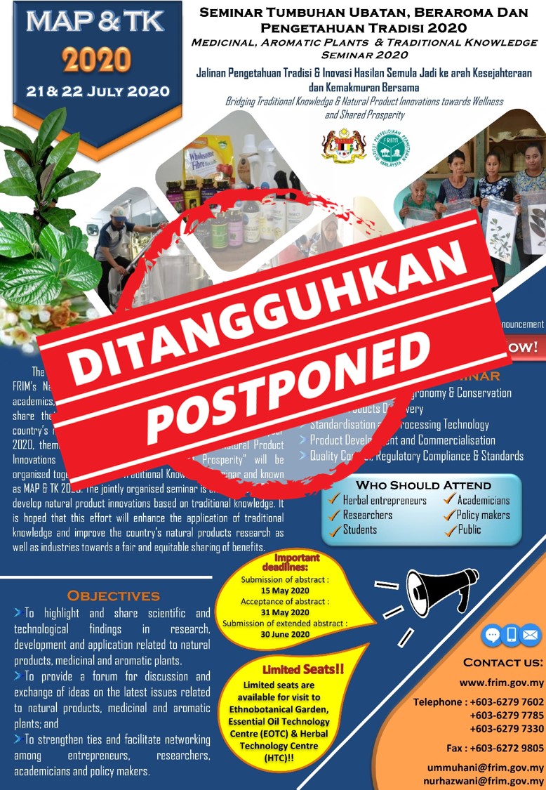 Frim On Twitter Frimkepong Postpones Medicinal Aromatic Plants And Traditional Knowledge Seminar Maptk2020 Initially Scheduled On 21 22 July 2020 Ummuhani Frim Gov My Nurhazwani Frim Gov My Maps16 Traditionalknowledge