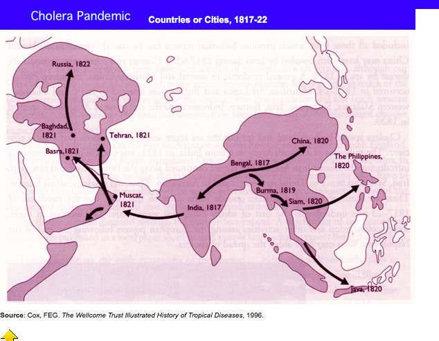 5. 1st Cholera pandemic of 1817-23 swept through Burma in 1819. 2nd Pandemic 1842-3 cholera took lives from China/Burma frontier to Tenasserim. 1853-54 it devastated Arakan civilians & struck British troops. 6th Pandemic hit Burma 1901. Lesser outbreaks throughout 20th Century.