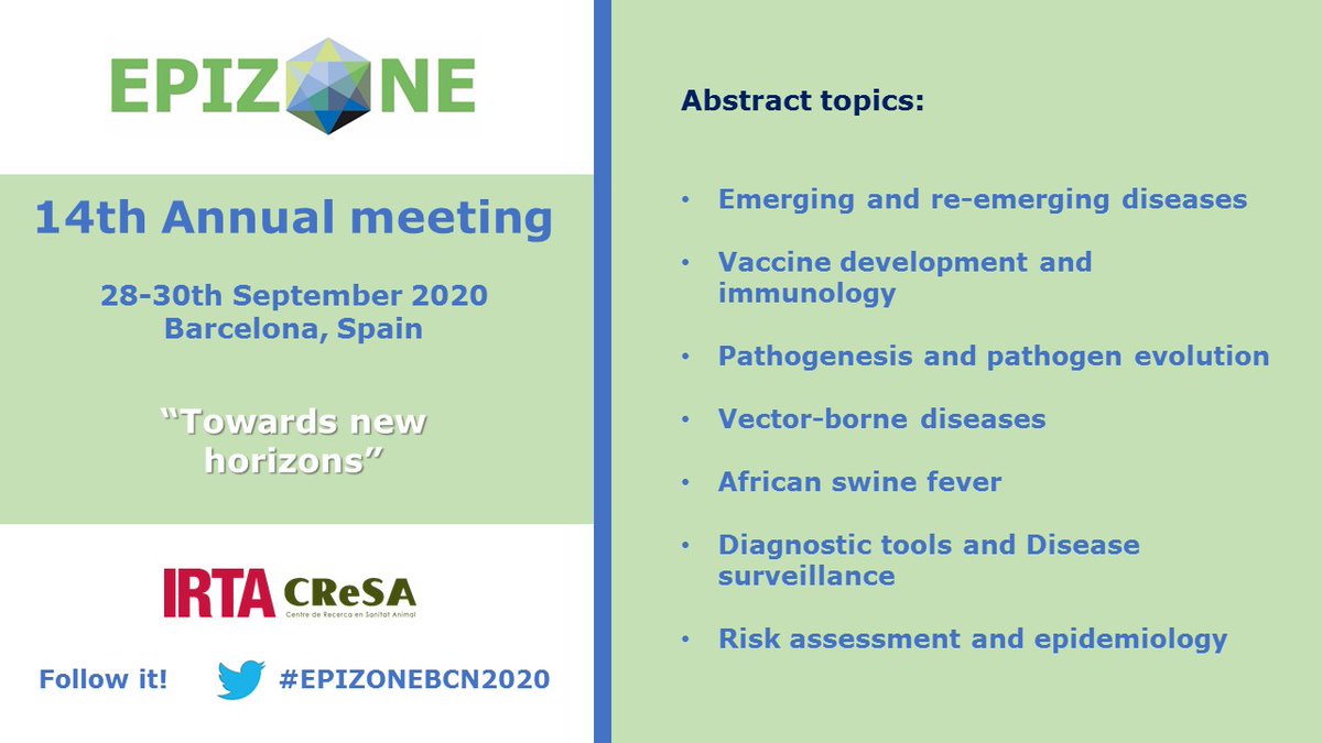 Abstract submission online now for the #EPIZONEBCN2020

☣️🌍🐗🐖🐪🐓🐐🦠🦟🐰
#AnimalHealth #EmergingDiseases <a href="/epizone/">EPIZONE</a> <a href="/YEpizone/">YoungEpizone</a>

👉 bit.ly/2SWWxUp