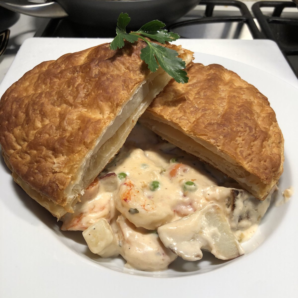 _duffman's tweet image. Thanks @altonbrown for the inspiration. #quarantinekitchen. Shrimp pot pie for me &amp;amp; my wife.
