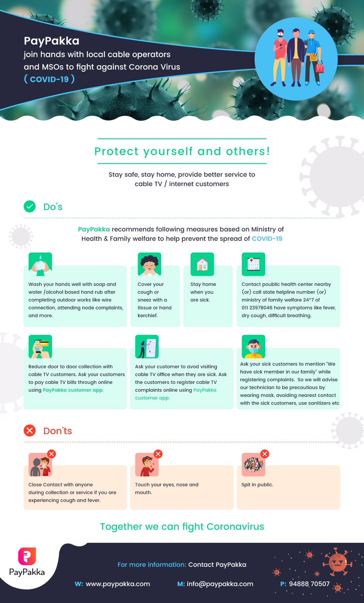 ezhilraj's tweet image. Local Cable Operators/MSOs/Internet Providers,
In the view of Corona Advisory, Ask your Customers to Pay Cable TV or Internet Bills Online using PayPakka Customer App.
Avoid Door to Door Cash Collection and Stay Safe.
#coronavirus#cable#tv#lco#mso#corona#covid