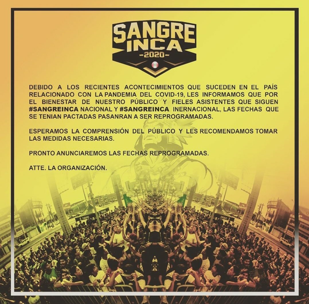 InfoFreestyle2's tweet photo. ¡Comunicado!

La Final Nacional e Internacional de Sangre Inca a realizarse en Lima, Perú 🇵🇪 están aplazadas hasta próximo aviso por causas ya conocidas.

#SangreInca 🌎 https://t.co/g26hOr49io