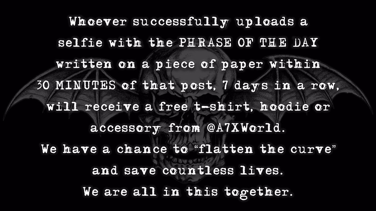 TheOfficialA7X's tweet photo. Starting tomorrow we will be joining our friends Warren Lotas in incentivizing people to stay home for a full 7 days and self quarantine. https://t.co/DjvKBuTmnL