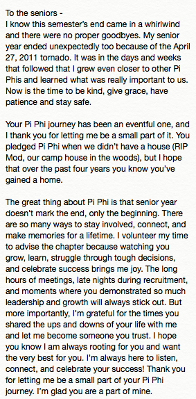 PiPhiJamie's tweet photo. Some thoughts I have as in-person classes officially end due to COVID 19. Will miss seeing our @uapibetaphi seniors in Tuscaloosa! https://t.co/mSoTIwG2dO