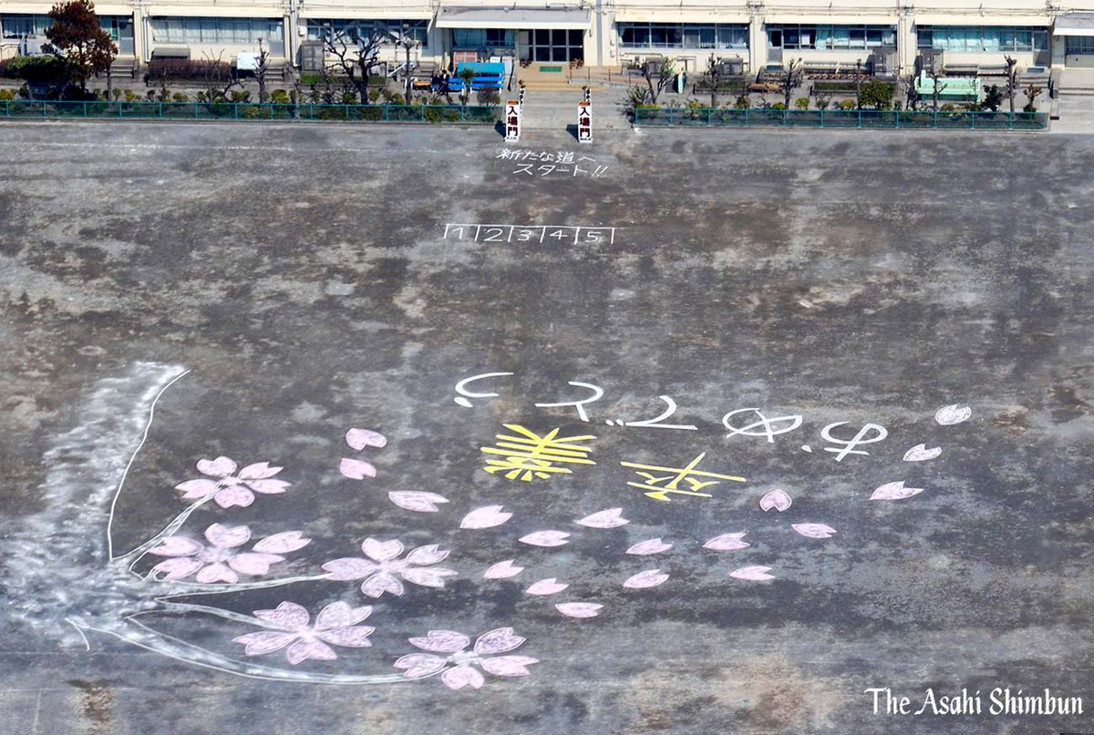 朝日新聞 映像報道部 東京都の公立中学校などで19日 卒業式 が開かれています 大田区の出雲中学校の校庭には 卒業生の門出を祝い 卒業おめでとう の文字に 桜の花をあしらったイラストが大きく描かれていました 写真はヘリコプターからの空撮