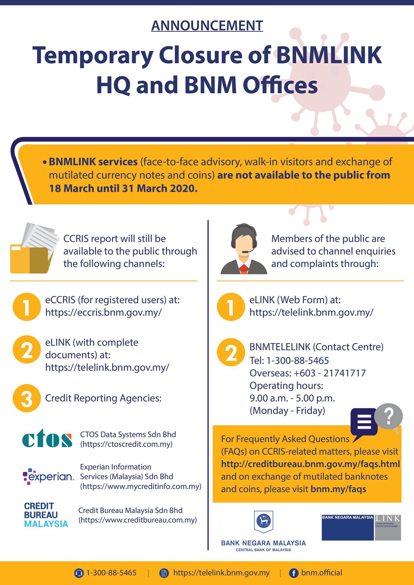 Bank Negara Malaysia On Twitter Bnmlink Offices Nationwide Closed 18 31 March Ccris Report Obtainable Online For Previously Registered Users Or From Credit Reporting Agencies Other Queries Pls Use Elink Form Or Call