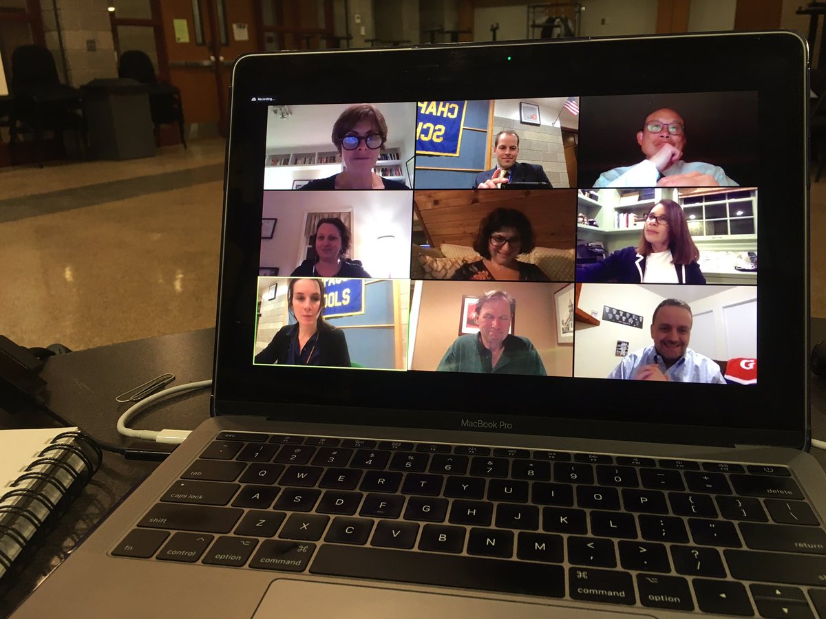 DrAPease's tweet photo. The view from the Board table was different tonight in #WeAreChappaqua. A little ingenuity w/ @zoom_us &amp; we made it work. COVID19 is pushing us all to stay connected in new ways.  Special thx to our BOE for being willing to try &amp; to @jculwellblock for the support. @chackerman1 https://t.co/VrrMrkuklU