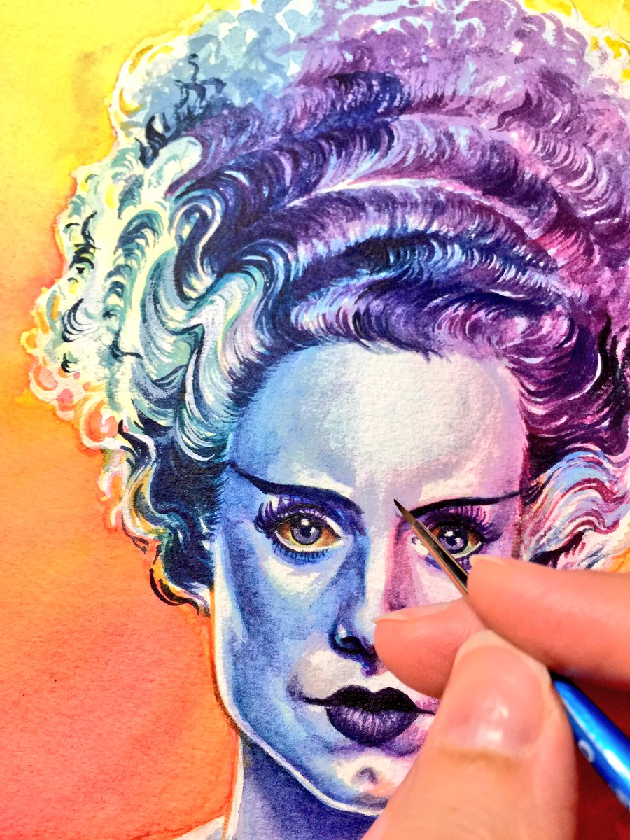 I always enjoy seeing other artists' process pics, so here are some of mine from my colourful monster series! #TheBrideOfFrankenstein #watercolour