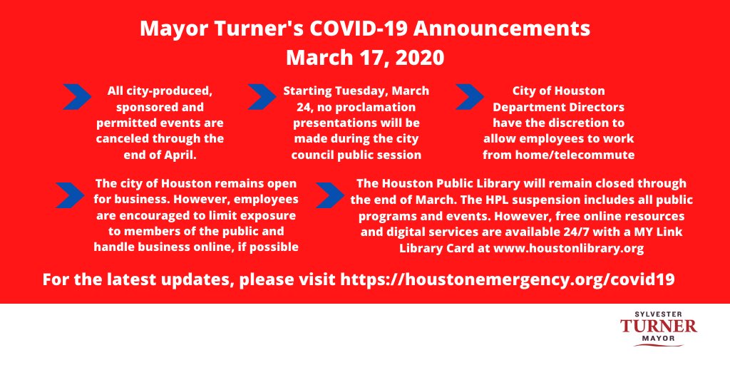SylvesterTurner's tweet photo. #ICYMI: Yesterday, city council and I voted to indefinitely extend the proclamation of a local state of disaster due to a public health disaster for the City of Houston.

In addition, I made the following announcements which you can see in the graphic below. #COVID19 #coronavirus https://t.co/GtXradwu5i