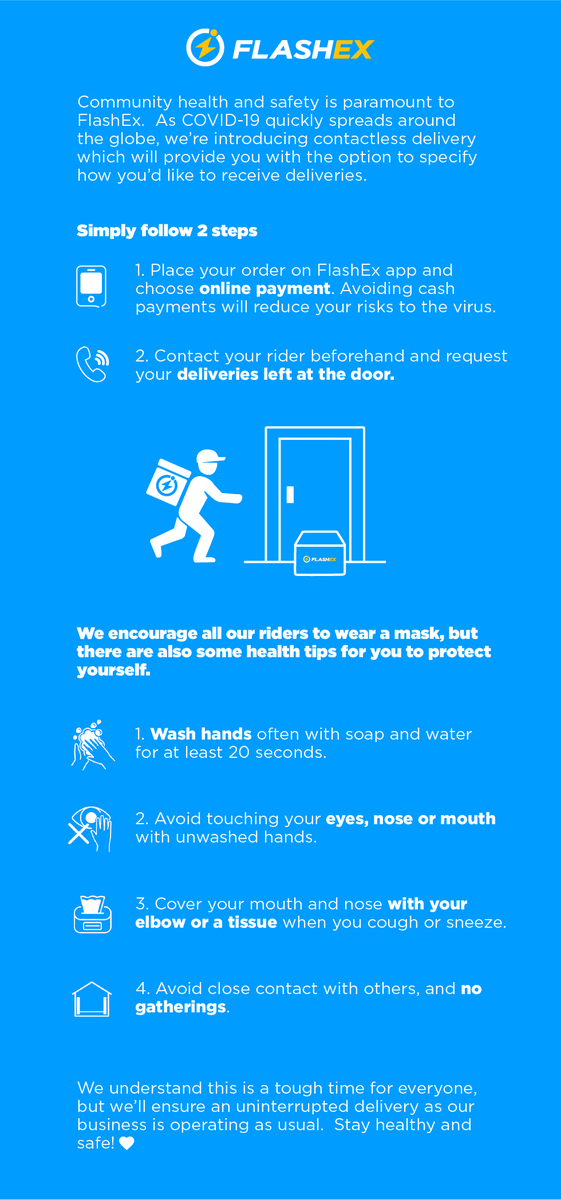 FlashExOfficial's tweet photo. For customers who raised concerns over COVID-19, we have a message for you, click the image below to read.

#FlashEx #COVID19 #Delivery #Singapore #HongKong #KualaLumpur https://t.co/SrJ13A4eWD