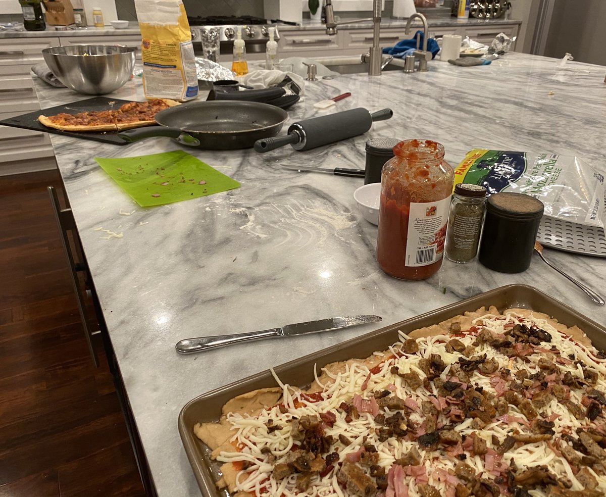 AngieMentink's tweet photo. Mom has a great idea! I will make and knead dough for three hours, sauté a zillion toppings and everyone will get to make their own pizza! @$&#%! I will now require four hours to clean this kitchen right after I toast my bad decision with a glass/bottle of wine. #QuarantineLife https://t.co/uF0i47sNuF