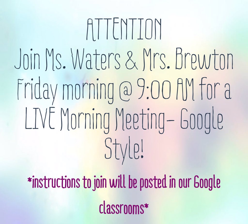 3rdWaters's tweet photo. #fifthies join @MrsBrewtonTX @5thWaters for a live Friday morning meeting on 3/20/2020 at 9am! See you there! @Hughes_Hawks #5thgrade https://t.co/ZO4QFpJIz3