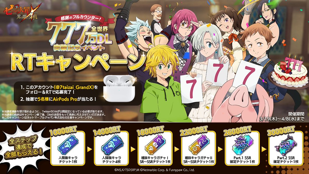 【全世界777万DL突破記念RTキャンペーン】
30000RT達成でガチャチケット6枚がもらえる！
さらに抽選で5名様にAirPods Proをプレゼント🎁

▼応募方法
１.公式（<a href="/7taizai_GrandX/">【公式】 七つの大罪 ～ 光と闇の交戦（ひかりとやみのグランドクロス）～</a>）をフォロー
２.このツイートをRTで応募完了
 
▼応募締切
4/8(水)23:59
 
フォロー&amp;RTでお友達と共有してね♪

#グラクロ