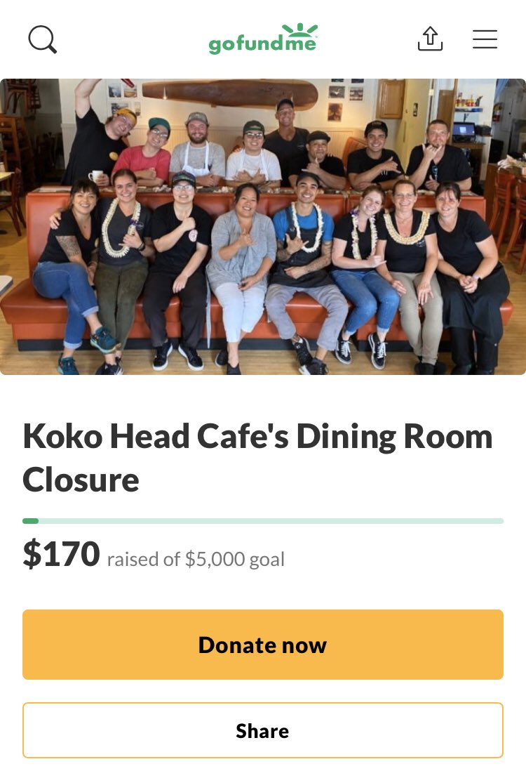 KokoHeadCafe's tweet photo. https://t.co/gDJSSLAWkV If can, please give some love to our employees. Anything helps! Our Koko Head ohana appreciates your support during this time. We want to give back to you when you donate so we’re offering prizes for those who do, there are more details on our GoFundMe. https://t.co/eRwmTvmQrf