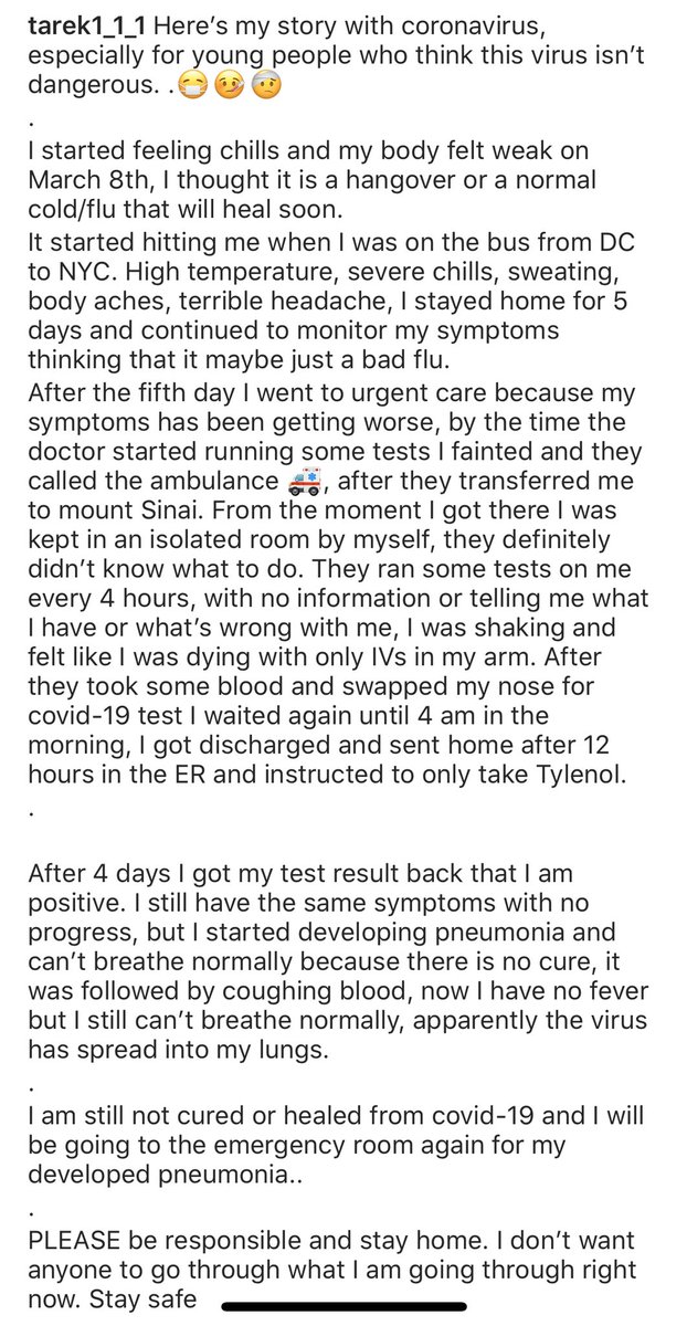 Samynemir's tweet image. The story of my friend Tarek- a healthy 30 year old. 

Lesson: this does not only affect the elders, but could attack everyone. Please stay home.