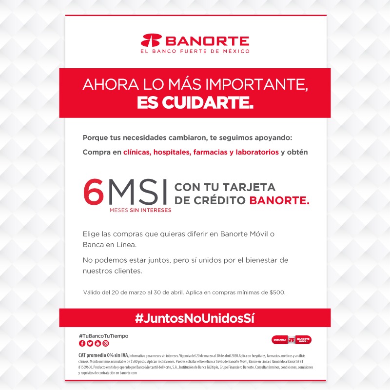 Sabemos que lo más importante es cuidarte. Por ello te ofrecemos beneficios exclusivos al utilizar tu Tarjeta de Crédito Banorte en clínicas, hospitales, farmacias y laboratorios. Actívalo desde Banorte Móvil: bit.ly/2LvFLc5 #JuntosNoUnidosSí #TuBancoTuTiempo