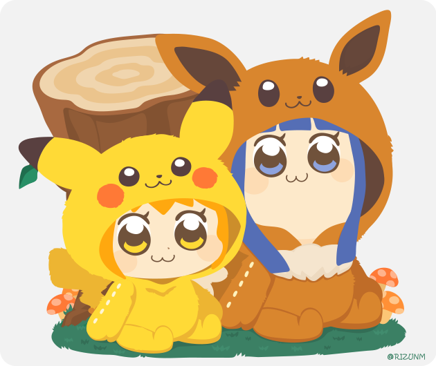 eevee ,pikachu ,pipimi ,popuko cosplay 2girls multiple girls :3 grass mushroom blue hair  illustration images