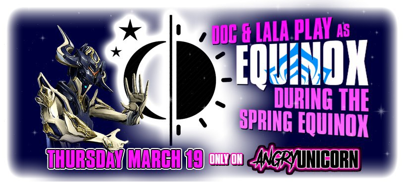 leafygeans's tweet photo. Technically its today!
Everyone, make sure you join Doc and LaLa from @AU_Nation_ as they play Equinox during the Equinox on @PlayWarframe! Based on their playing styles, I'm betting Doc plays #DayForm and LaLa plays #NightForm :-) https://t.co/S0Ak02vUKq