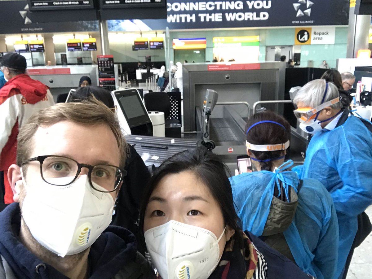 Heathrow airport was quite busy. We wore facemasks but there were many people without any protection. However, there were also a lot of people wearing gloves, goggles, and protective suits. The close we got our gate, the higher the ratio of people with protective clothes. 2/n