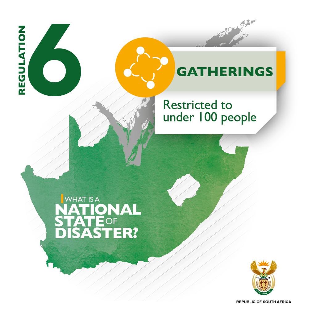PresidencyZA's tweet photo. Gatherings are restricted to 100 people  #COVID19 #CoronaVirusSA https://t.co/fYe913GICl