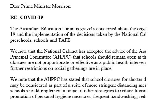 COVID-19 UPDATE: Click here to read the AEU’s letter sent today to Prime Minister Scott Morrison and the National Cabinet.

aeufederal.org.au/application/fi…