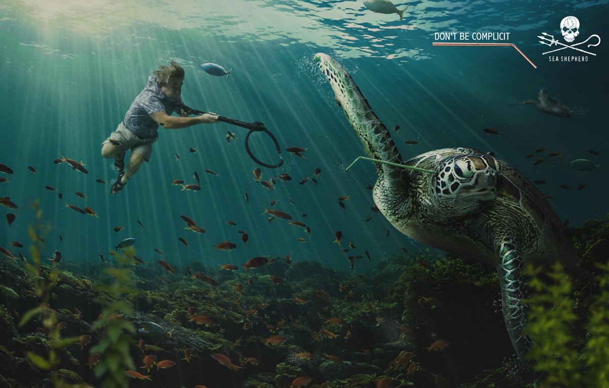 adsoftheworld's tweet photo. "Don't be complicit." Many unnecessary plastic straws kill wildlife like a harpoon would: https://t.co/fxZuyARanS @seashepherd #AnimalRights #SaveMarineLife https://t.co/gufsP0PkfQ