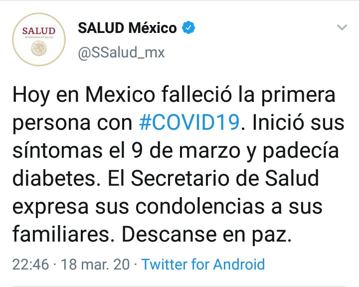 GacetaUACM's tweet photo. @SSalud_mx #Informa
Fallece la primer persona infectada con #Covid_19mx #Covid_19 #COVID2019 #Coronavirus en #México https://t.co/8Xtj8Of8VR