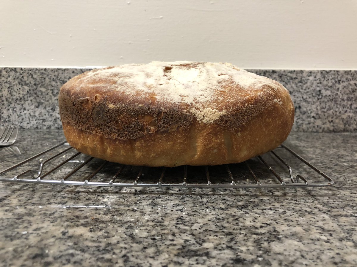 Side profile of sourdough out of the oven