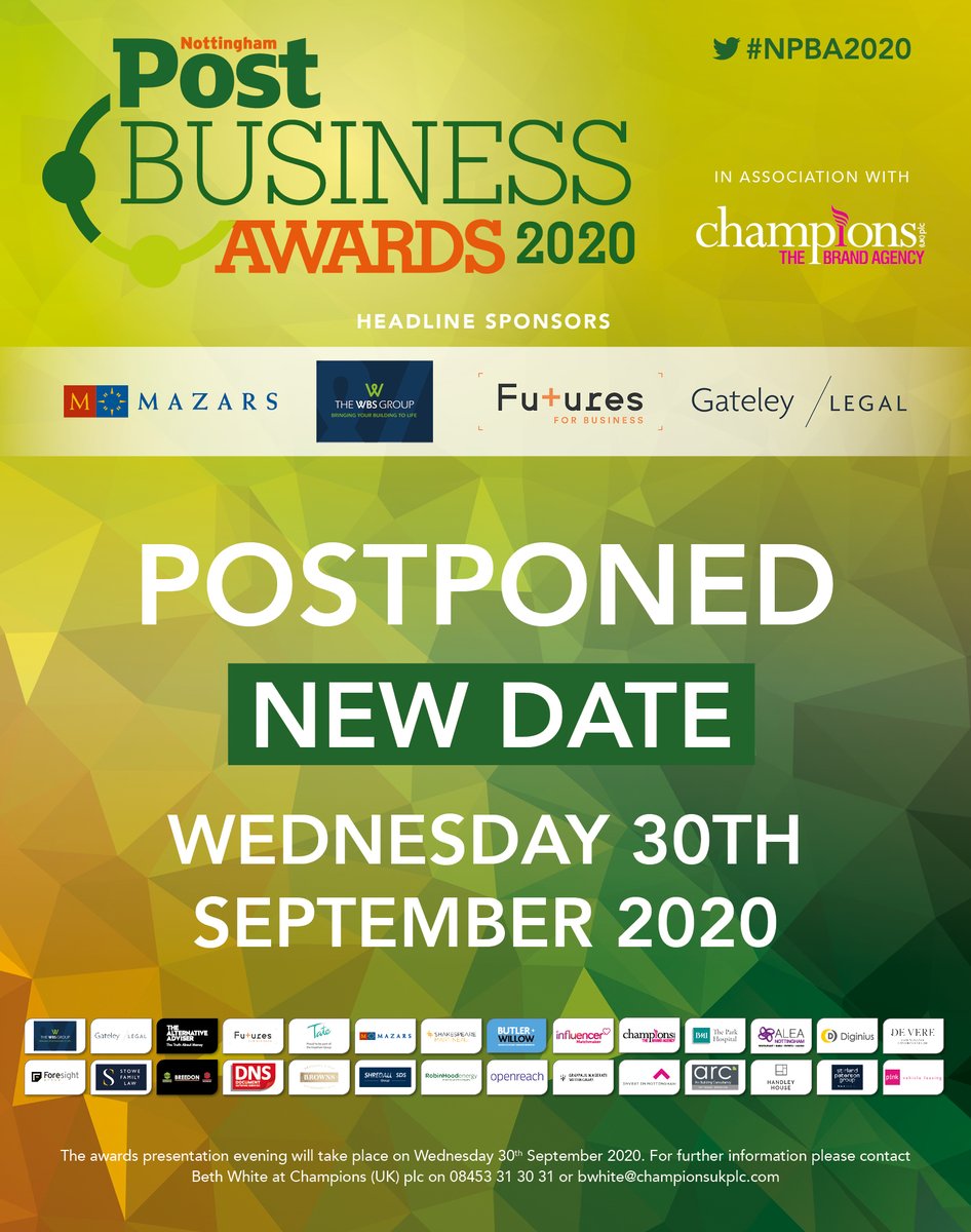 Due to Covid-19 we are postponing the Nottingham Post Business Awards!

The new date will be Wednesday 30th September 2020!!

#NPBA2020 #NewDate