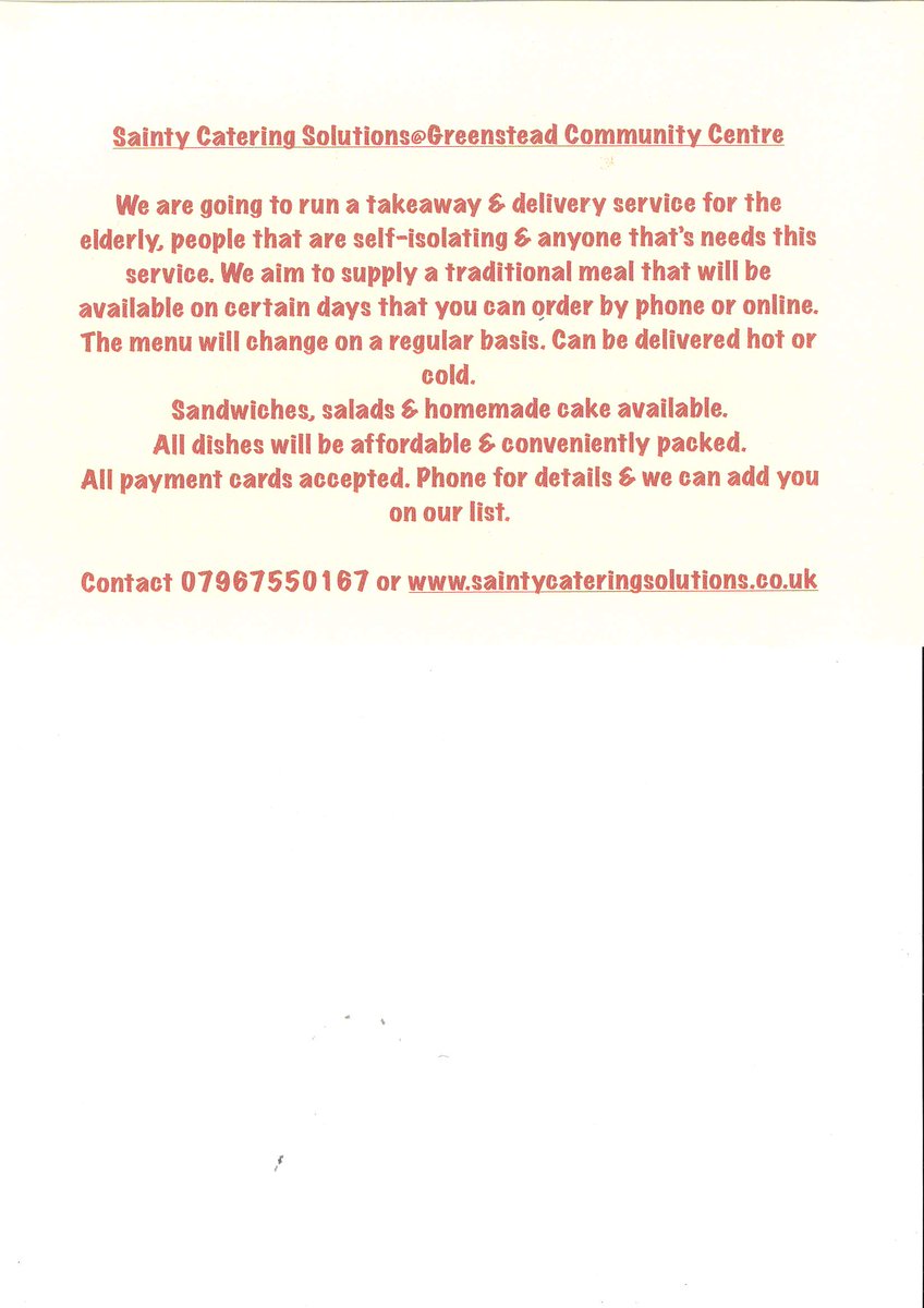 GreenCommCentre's tweet photo. The Filling Station Café within Greenstead Community Centre will be offering a take away and delivery service from Monday 23-3-2020 https://t.co/o2pFJ3wetU