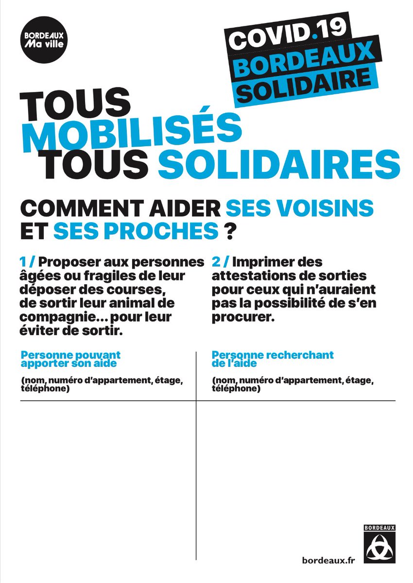 #COVID19 - #Bordeaux se mobilise. Tous solidaires !

Cette affichette d’entraide est en téléchargement sur Bordeaux.fr.

👉 Vous pouvez également proposer ou rechercher de l’aide sur la plateforme d’entraide mise en ligne par la ville : jeparticipe.bordeaux.fr/entraide