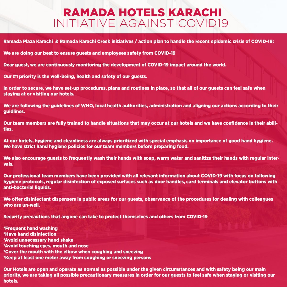 RamadaPlazaKar's tweet photo. Ramada Hotels Karachi initiative against COVID-19.
#COVID19 #valuableguests #guestsafety https://t.co/S9fMI2pRG6