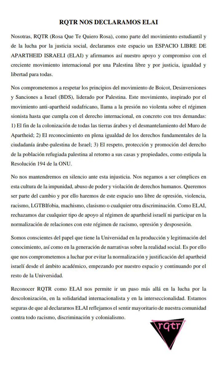 Hoy nos declaramos Espacio Libre de Apartheid Israeli para no ser cómplices del apartheid y de la opresión de Palestina. Nos posicionamos por la justicia y la solidaridad: ¿Vosotros qué decís? <a href="/unicomplutense/">Complutense</a> @CCPPySOCUCM 
#CompluELAI
#IsraeliApartheidWeek
#UnitedAgainstRacism
