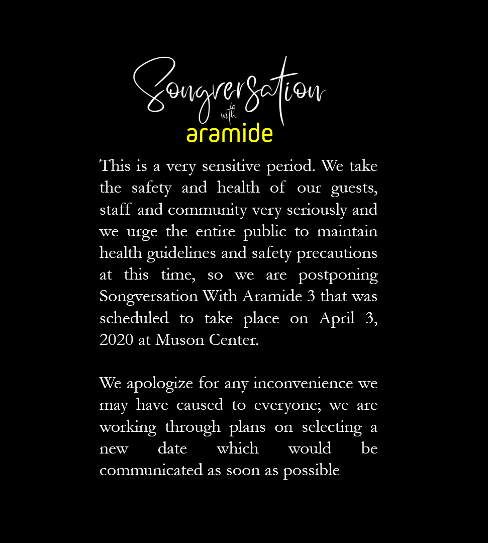 AramideMusic's tweet photo. It is a period to stay safe.
My team and I are in support of social distancing, so the concert has to be postponed.
The health of everyone matters to me. 🤍
#SWA #SWA3 #Aramide
#SongversationWithAramide
#Postponed https://t.co/dc61UD6Nau