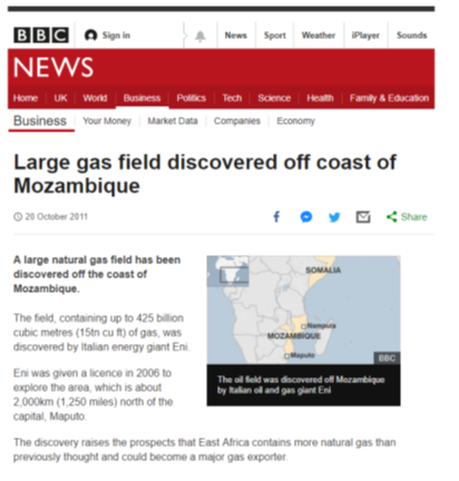 Mozambique was one of the exploration "lottery winners". It found natural gas reserves off its coast worth around 50 times its GDP.