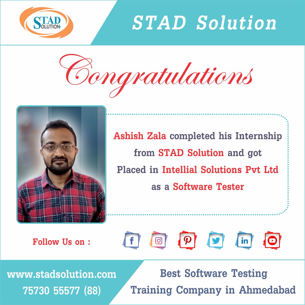 STAD_Solution's tweet image. Ashish Zala Placed as a #Software_Tester in  #Intellial_Solutions_Pvt_Ltd

#IT #fresher #Jobs #Placement #QA #Training #SoftwarTestingtraning #ittraininginstitute #traininginstituteinahmedabad #JobPlacement #JobGuarentee #PlacementGuarentee #interview #LiveProjectTraining