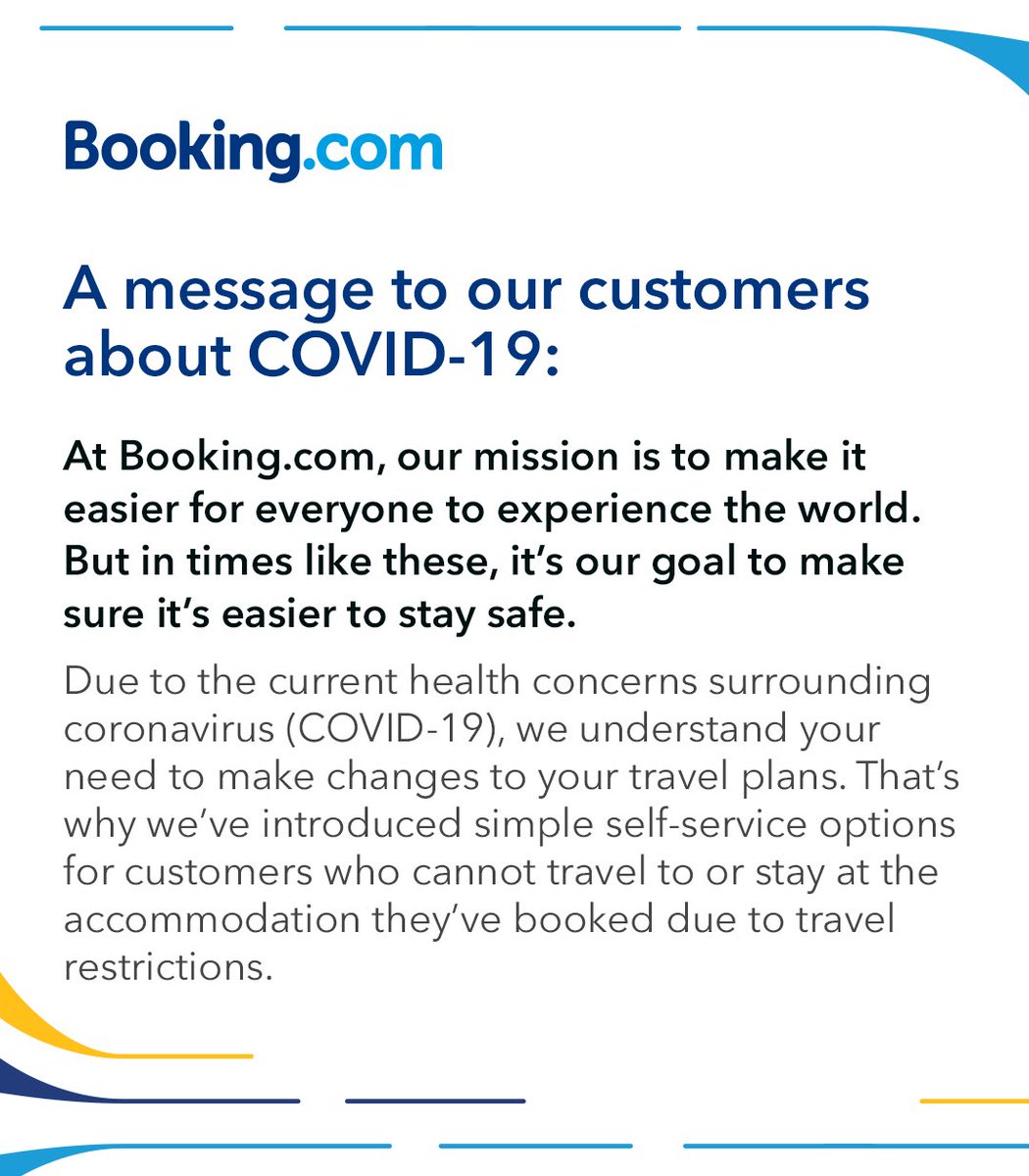 For our customers impacted by travel restrictions related to COVID-19, we've added self-service options. Please sign in to your  http://Booking.com  to see what options are available to you:  http://book.i.ng/6002TdMce 
