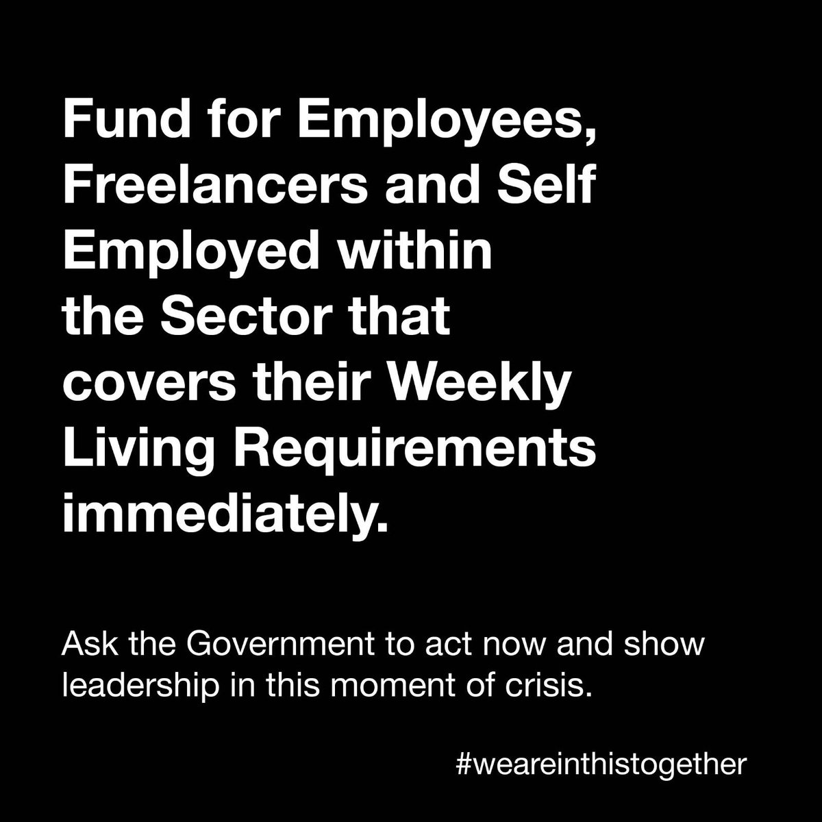 Industry Demand Govt Support a fund for Employees, Freelancers and Self Employed within the Hospitality Sector that covers their weekly living requirements IMMEDIATELY! @borisjohnson #weareinthistogether