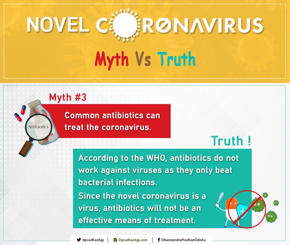 dpradhanbjp's tweet photo. Myths around #Covid-19 we should all stop believing. 

#Coronavirusmyths 

#HelpUsToHelpYou 
#IndiaFightsCoronavirus https://t.co/bRKjRNCoK1