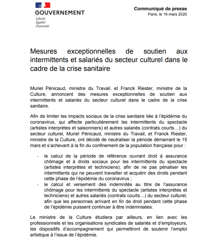 Travail_Gouv's tweet photo. #Coronavirus #COVID19 | @murielpenicaud et @franckriester annoncent des mesures exceptionnelles de soutien aux intermittents et salariés du secteur culturel dans le cadre de la crise sanitaire. ⤵️
https://t.co/hIMs0SOt7O https://t.co/yy5HAxGfdI