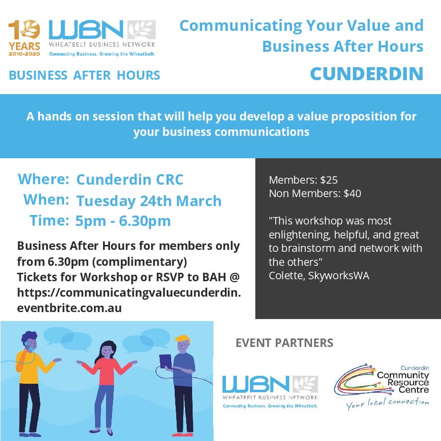 Don't miss the opportunity to nail your business value proposition so you can clearly communicate the value you bring to your customers.
Spaces available at the Cunderdin workshop on 24 March
More info : ow.ly/v9si50yv7Oa