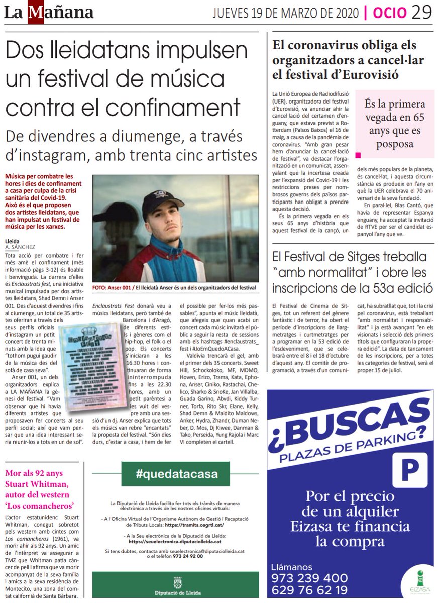 Interessant iniciativa impulsada per Anser 001 i Shad Demn, un festival de música per Instagram amb 35 músics, bona part d'ells de #Lleida. Enclaustrats_fest, des de demà i fins diumenge. 👇Avui en parlem a <a href="/LaManyanacat/">La Mañana</a>  #Joemquedeacasa