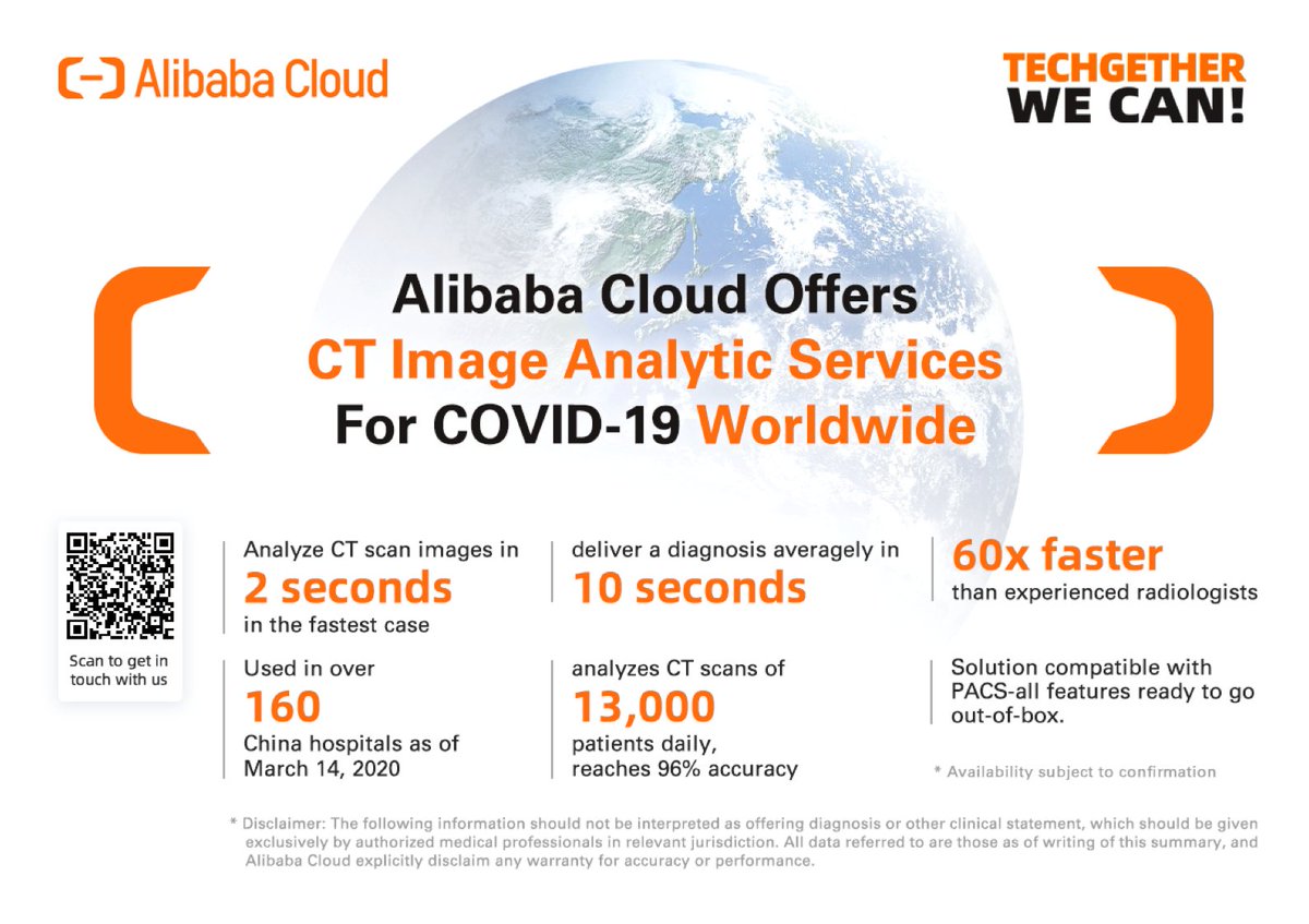 alibaba_cloud's tweet photo. To help stem the #COVID19 pandemic, #AlibabaCloud is offering CT Image Analytic Services, which analyzes CT scans in just 3s, to medical institutions &amp; research organizations worldwide.  
Learn more at https://t.co/peVnqlvYJM

#TECHgetherWeCan #AntiCoronaVirus https://t.co/igdPqm5IK6