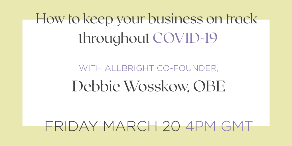 weareAllBright's tweet photo. Are you a #femalefounder trying to steer your business through. the uncertainty of #covid19? Join our Co-founder 
@debbiewossk at tomorrow's #digitalfireside by joining #AllBrightConnect to RSVP. https://t.co/dJe8Xq7AGC