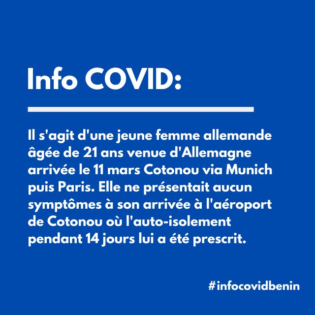 infocovidbenin's tweet photo. Le #Benin à enregistré un deuxième cas de #COVID19 à #Cotonou 
#CoronaVirusUpdate #infocovidbenin https://t.co/dnABpkkPty