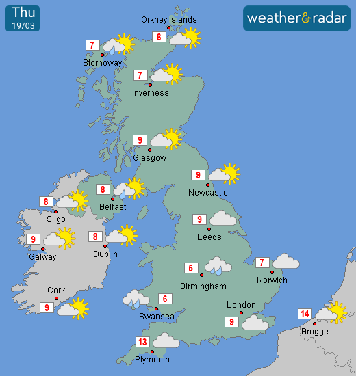 WeatherRadarUK's tweet photo. Cloudy across England and Wales with some light showers moving in. 🌡 Temperatures colder than yesterday, with Birmingham only reaching the 5 degree mark. ☀️ Brighter with some sunny patches for Scotland, N. and Rep. Ireland with some showers for N. Ireland and northern Scotland. https://t.co/YhydYSFNTm