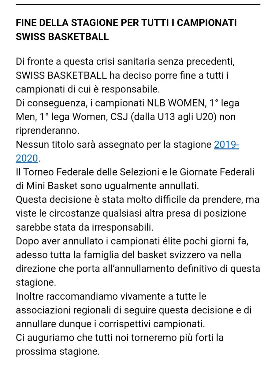 basketstabio's tweet photo. Il campionato U13 non riprenderà.
Lo ha comunicato oggi #swissbasketball che chiude definitivamente la stagione di tutte le categorie giovanili, U13, U15, U17, U20 e 1LN maschili e femminili. Una scelta difficile ma sicuramente opportuna.  #coronavirus #basketball https://t.co/qYCtgQ9vK5