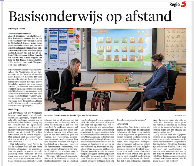 Artikel nav interview in NHD: hoe geven we op onze school vorm aan thuisonderwijs? Chatten, videobellen, online huiswerk maken: basisonderwijs op afstand. #DaltonschoolDeWesterkim