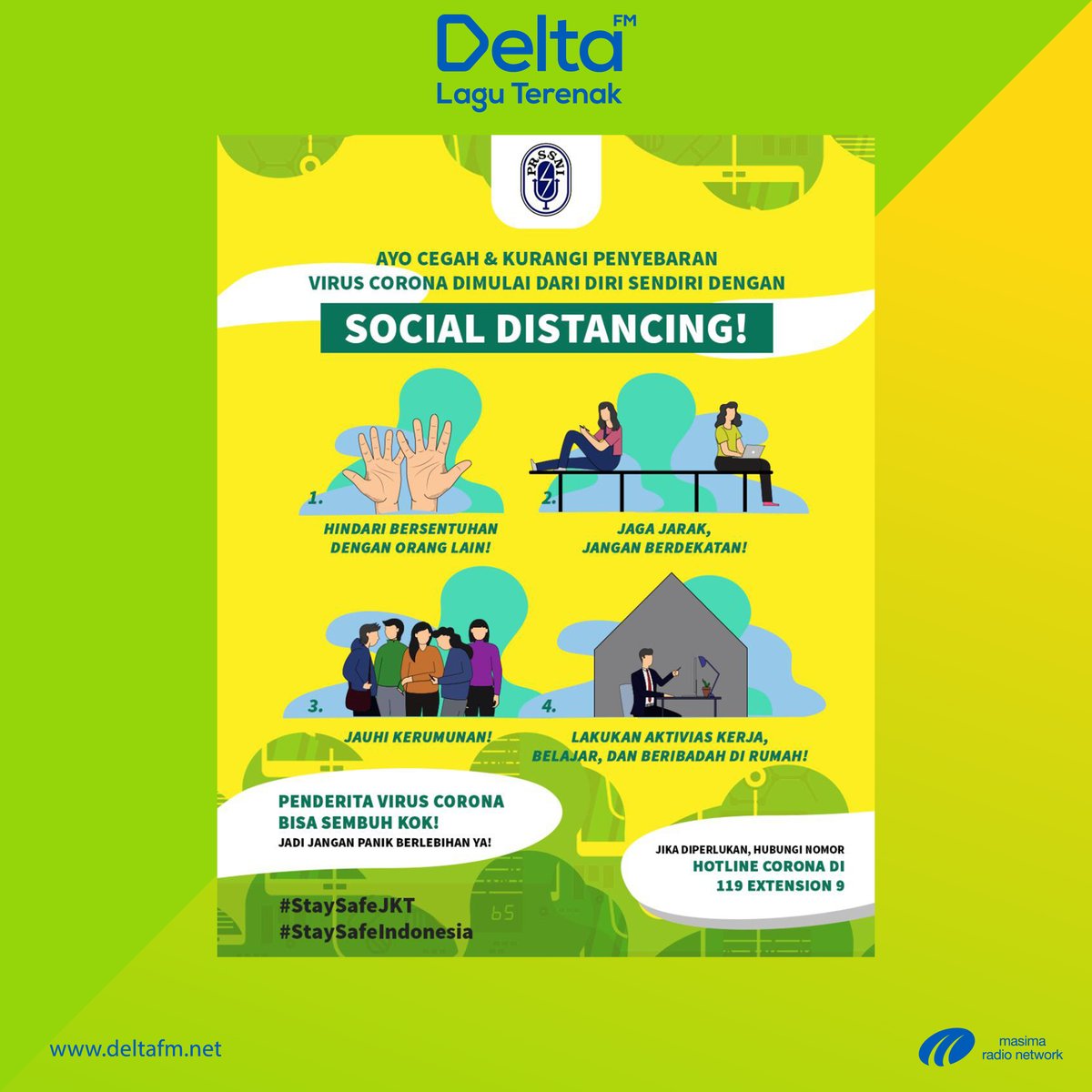 Delta_FM's tweet photo. Mulai dari kamu virus corona bisa dicegah! Jaga selalu kebersihan tangan kamu, jangan terlalu berdekatan sama orang lain, jauhi kerumunan dan kerja, belajar, beribadah dirumah. Yuk mulai Social Distancing dari sekarang! #StaySafeJKT #StaySafeIndonesia #PRSSNI #DeltaAdv https://t.co/jbogWOlmun