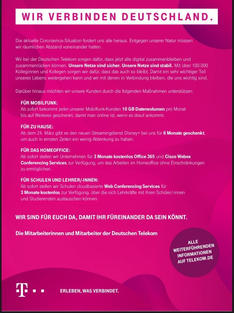 Wir bei der <a href="/deutschetelekom/">Deutsche Telekom</a> helfen und sind für Euch da, in diesen Zeiten der #coronavirus #kriese !!!
#coronavirusdeutschland #coronadeutschland #telekomwall #magentaVerbindet <a href="/MicrosoftDE/">Microsoft Germany</a> <a href="/telekomnetz/">Telekom Netz</a> <a href="/Telekom_hilft/">Telekom hilft</a> #Homeoffice #Selbstständige